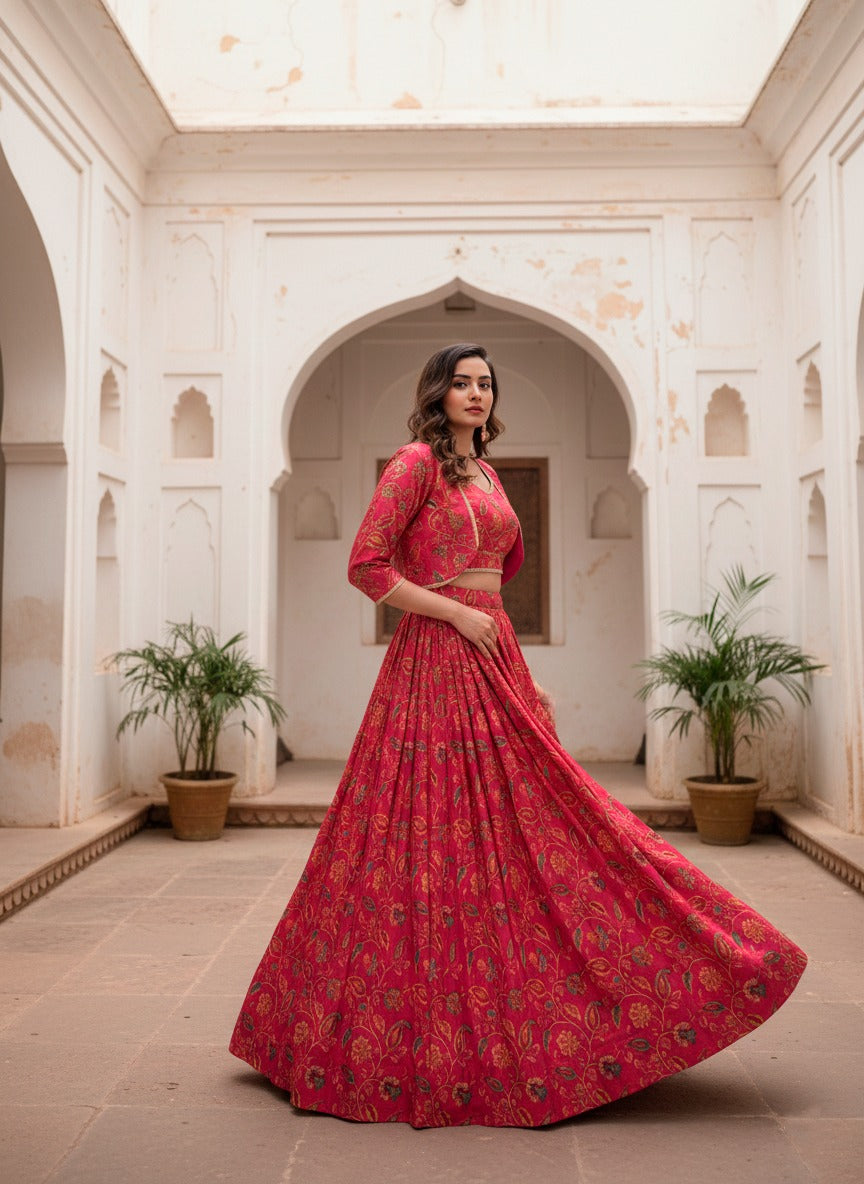 Bloom in Grace: Floral Tussar Silk Wedding Lehenga with Gota Patti & Coordinating Jacket