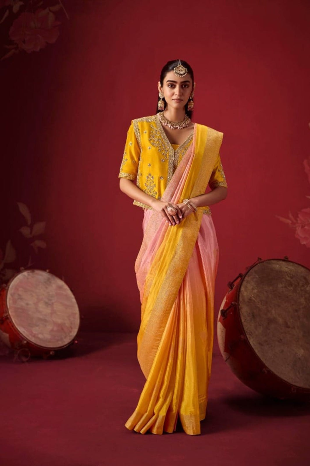Ombré Dola Crape Silk Saree with Handcrafted Kundan Blouse
