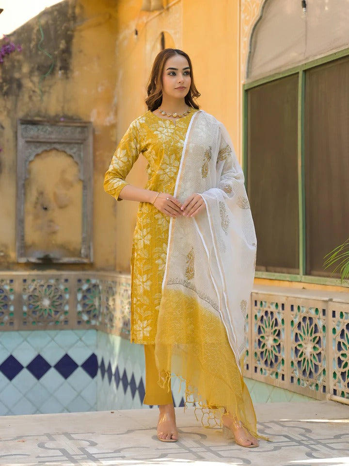Mustard floral print cotton straight kurta pant set with dupatta for Haldi