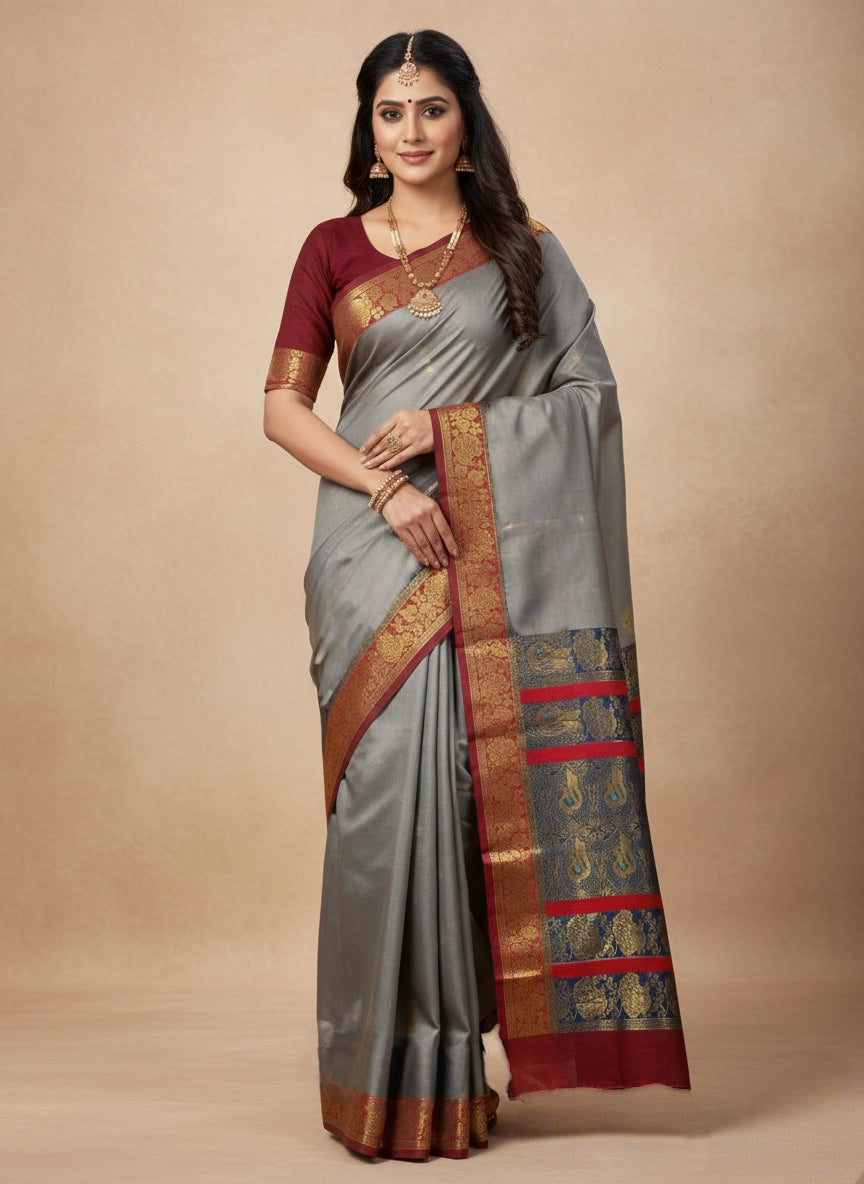 Peshwai Paithani Silk Saree with All-Over Zari Butta & Contrast Blouse