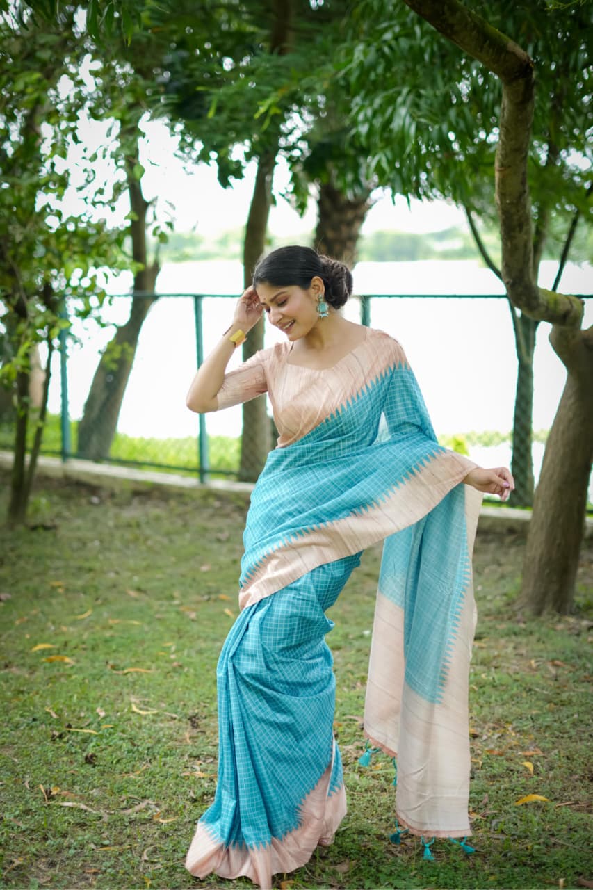 Soft Tussar Silk Saree with Kantha Weave Contrast Border & Check Print