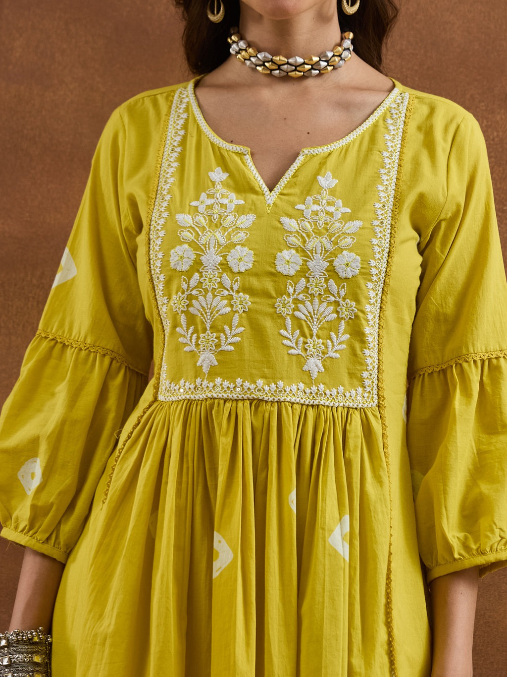 Mustard Yellow Flared Anarkali Set | Floral Thread Embroidery & Lace Detailing