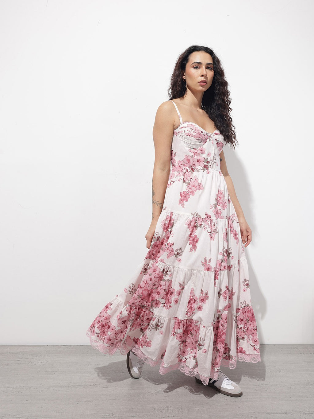 Pink & White Floral Cotton Fit & Flare Long Dress