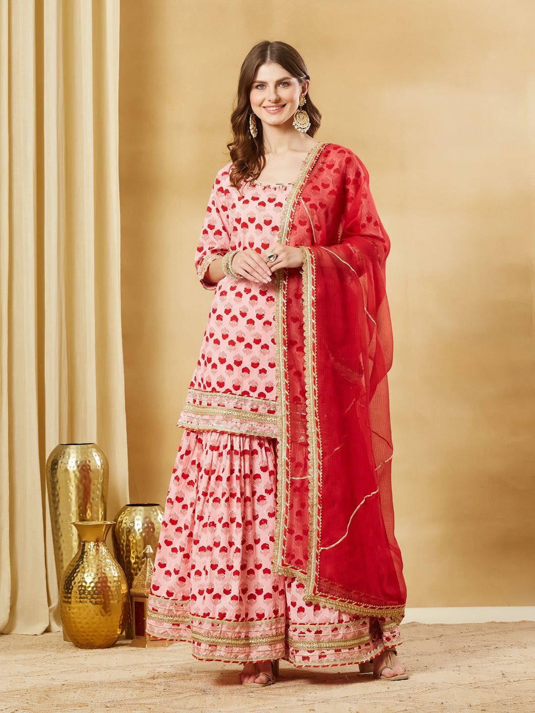 Pink Hand Block Kurta Sharara Set with Dupatta