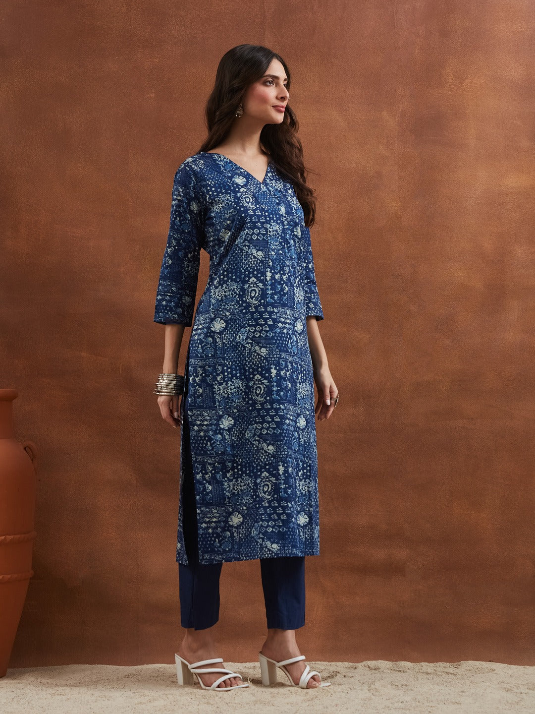 Deep Navy Blue Floral & Geometric Printed Cotton Kurta Pant Set