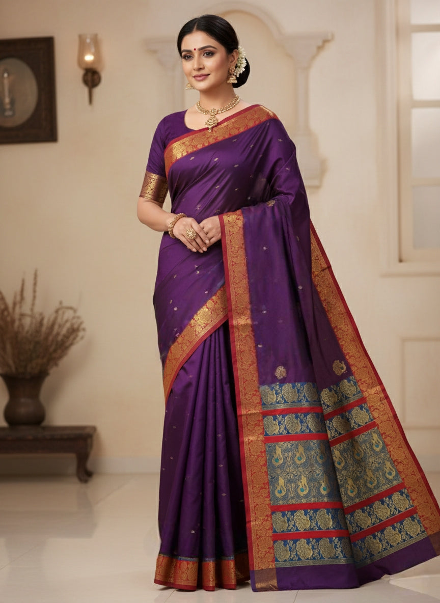 Peshwai Paithani Silk Saree with All-Over Zari Butta & Contrast Blouse