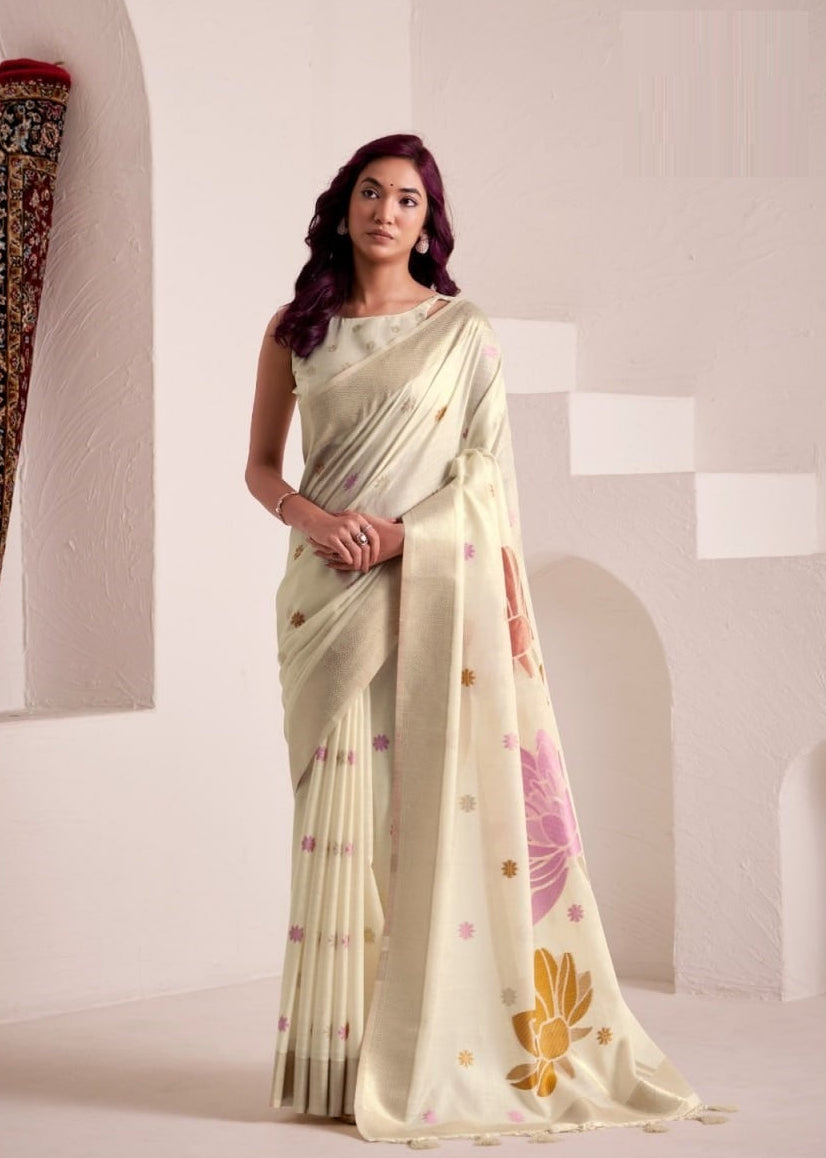 Dynamic Silk: Soft Linen Saree with Rich Jacquard Pallu & Matching Blouse Piece