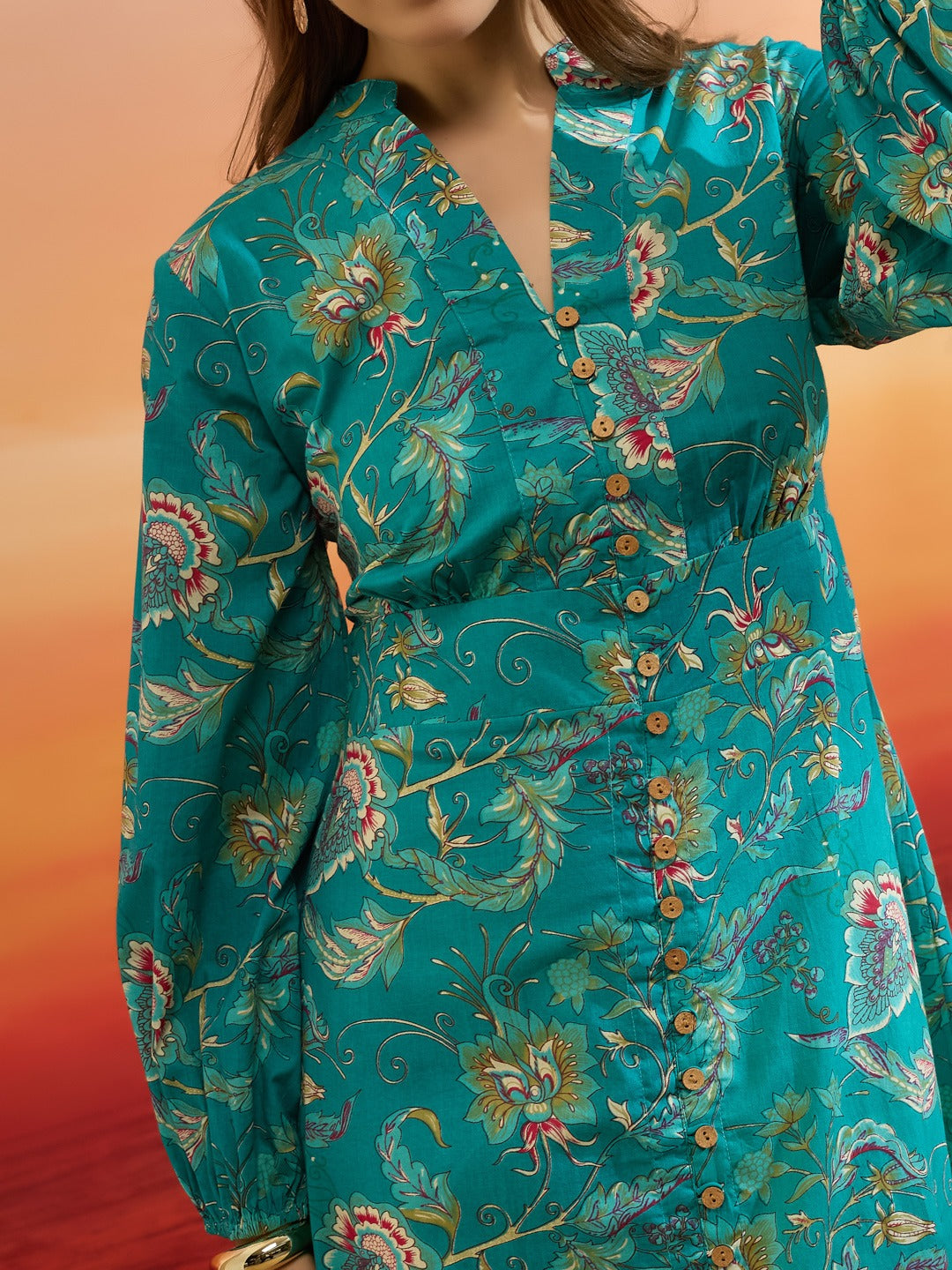 Turquoise Blue Floral Printed Pure Cotton Tiered Flared Dress
