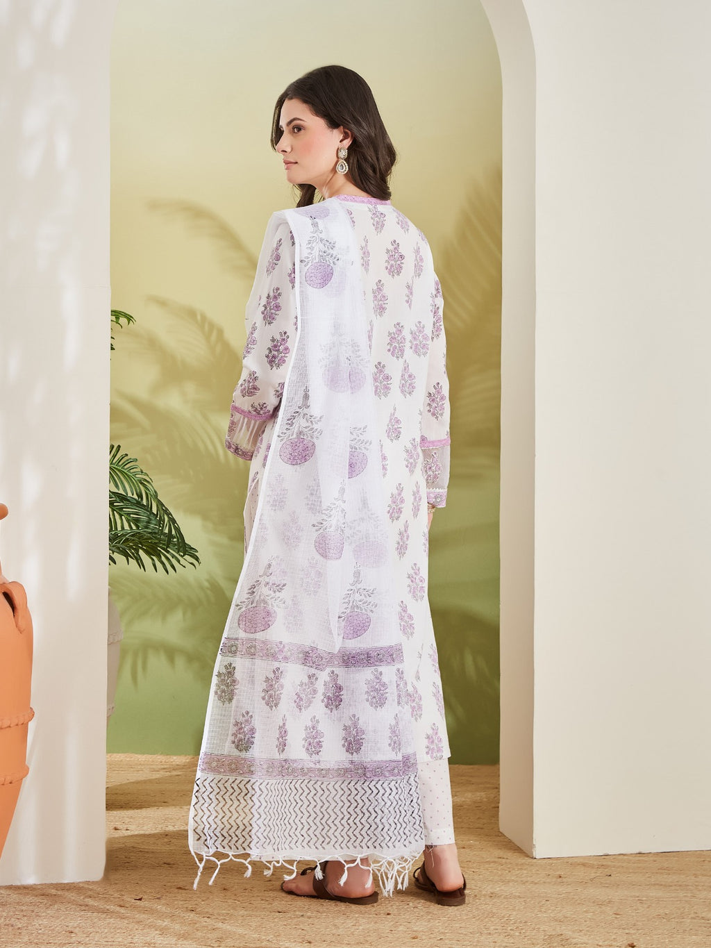 White & Lavender Hand Block Printed Kurta Palazzo Set with Sequin & Lace Work