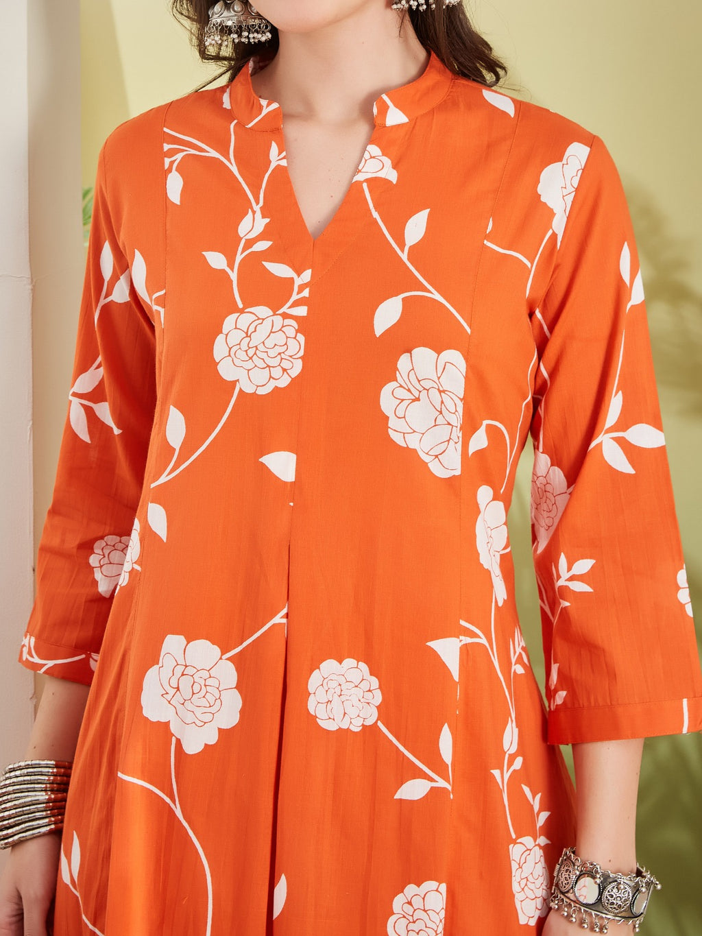 Divena Women Printed Pure Cotton Orange Anarkali Kurta With Pants