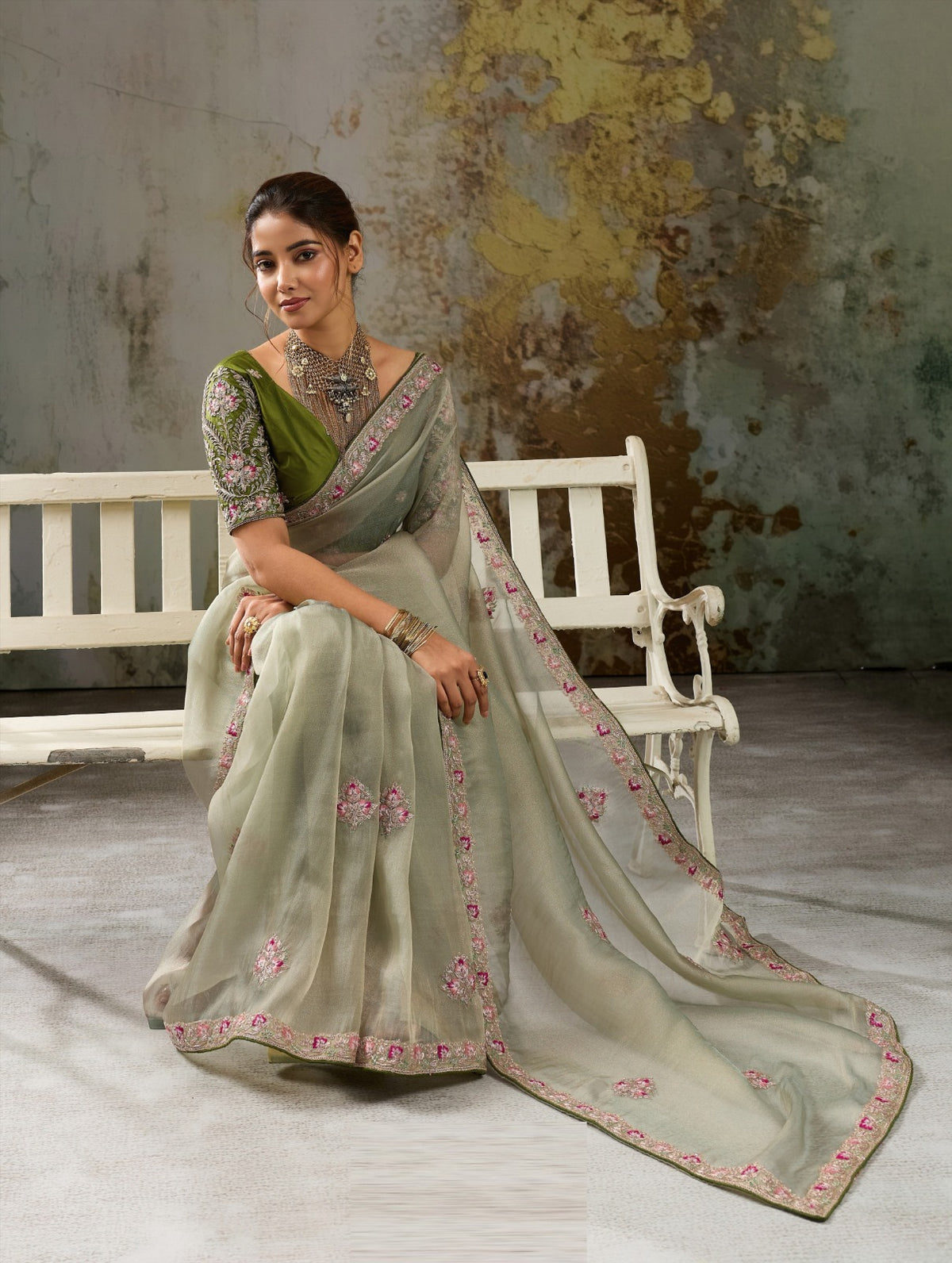 Metallic Tissue Saree with Pita Zari & Antique Sleeve-Embroidered Satin Blouse