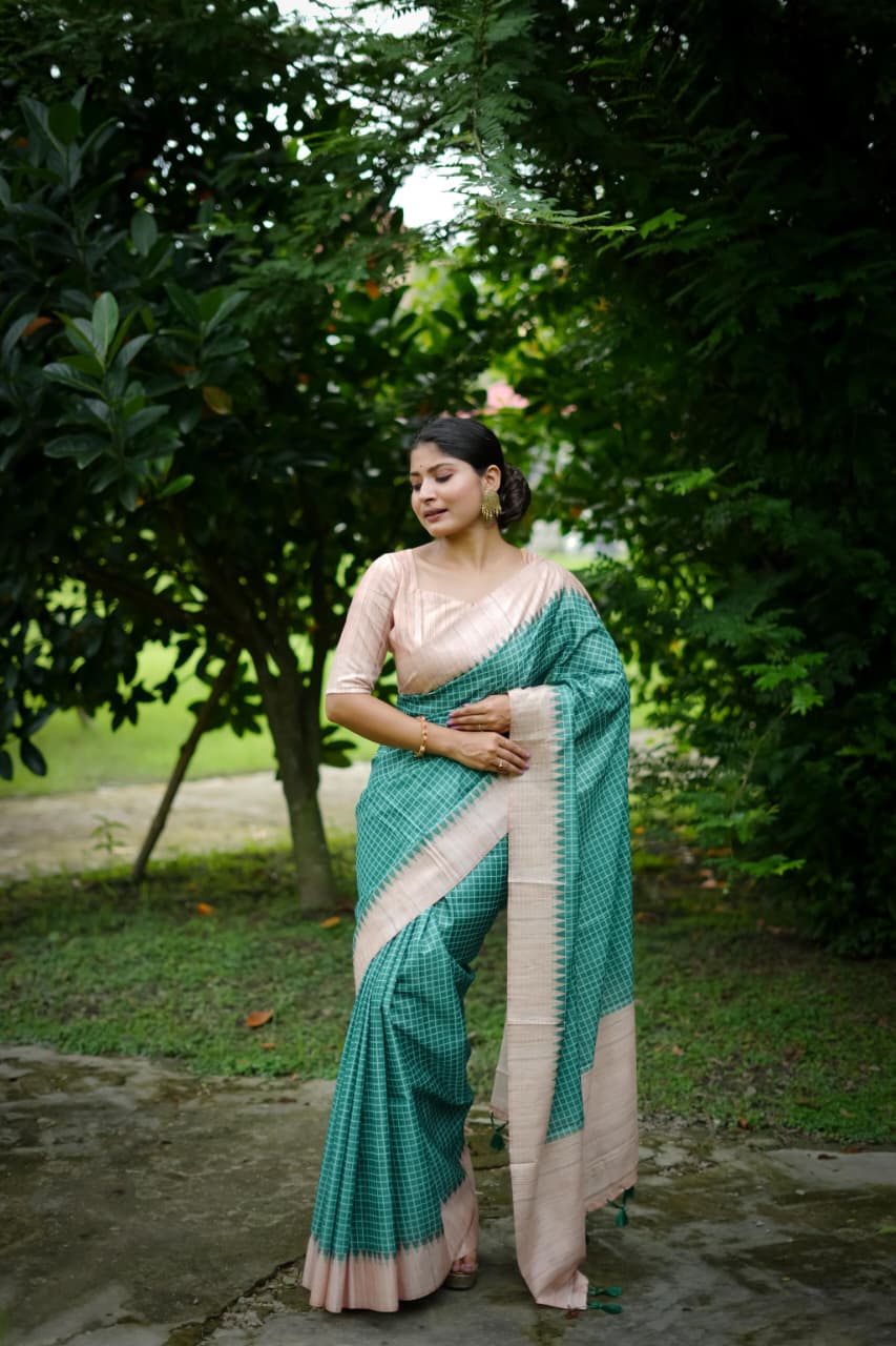 Soft Tussar Silk Saree with Kantha Weave Contrast Border & Check Print