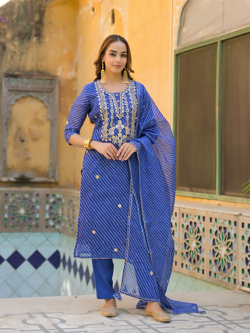 Women Leheriya Gota Patti & Zari Work Blue Kurta With Pants & Dupatta