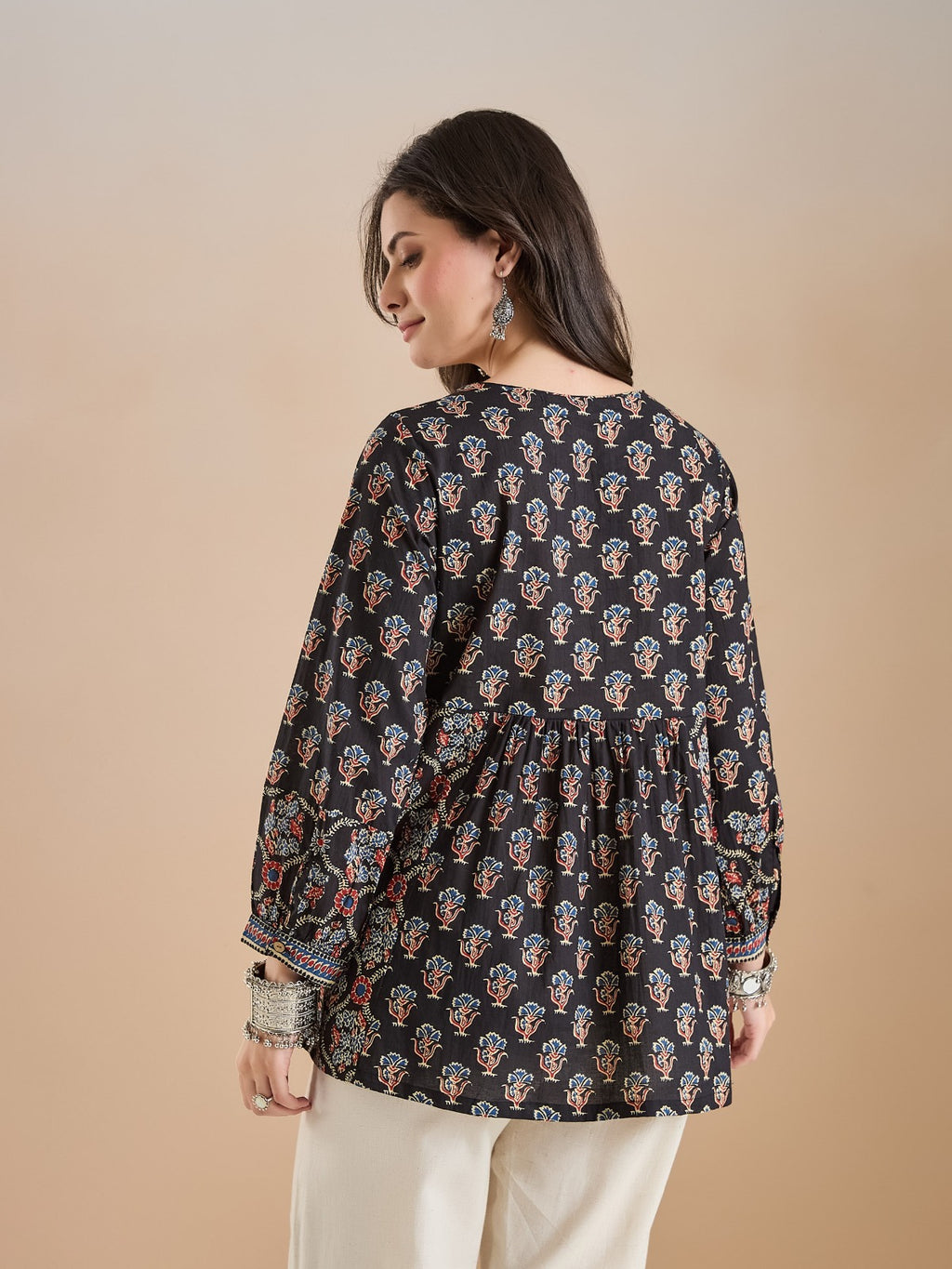 Floral Print Cotton Peplum Fit Black TopColor