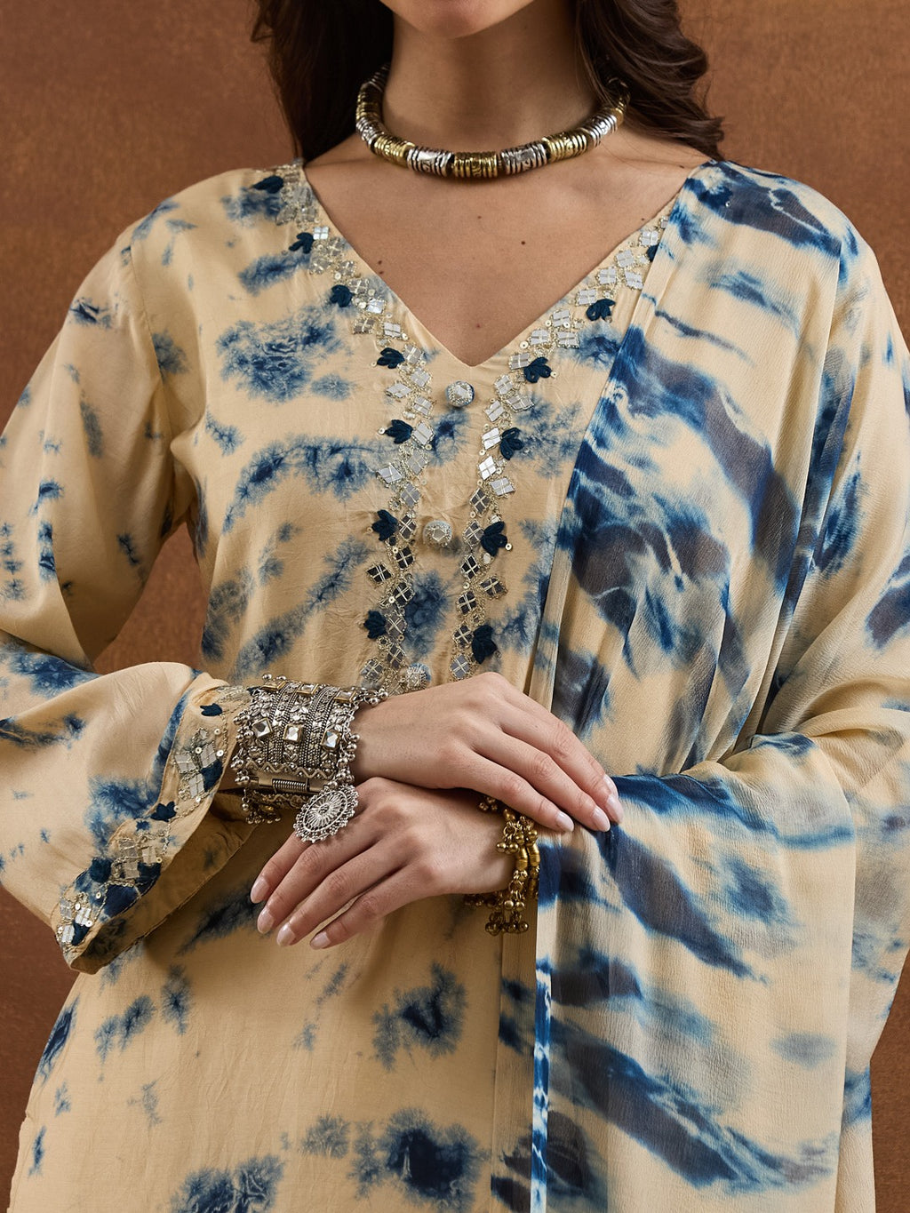 Navy Cream Muslin Tie-and-Dye Straight Kurta Set with Mirror & Embroidery Work