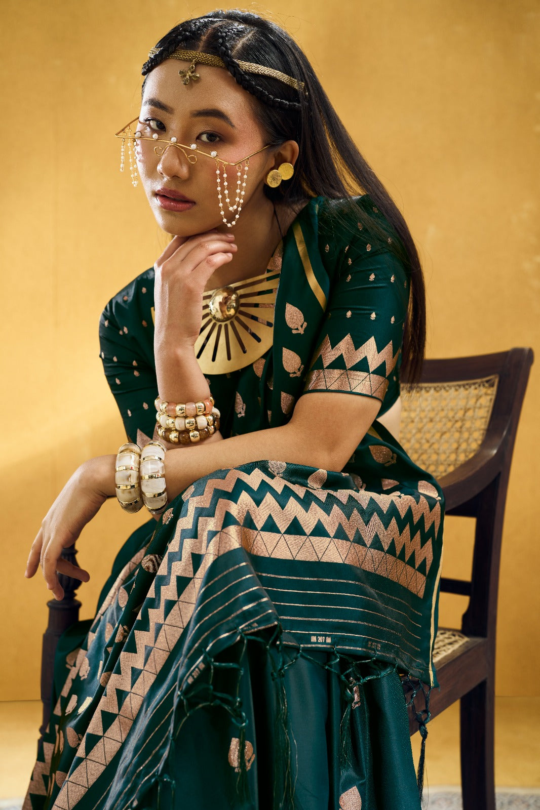 Premium Handloom Satin Silk Saree with Zari Motifs & Chevron Pallu