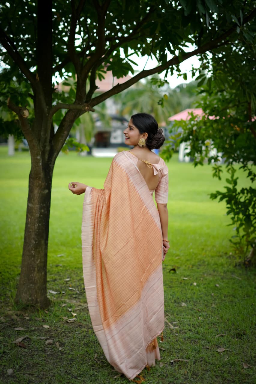Soft Tussar Silk Saree with Kantha Weave Contrast Border & Check Print