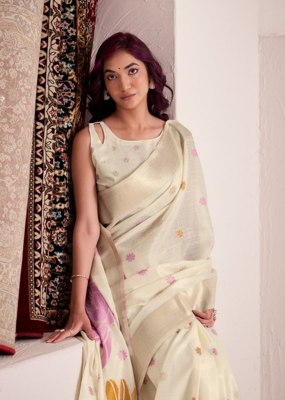 Dynamic Silk: Soft Linen Saree with Rich Jacquard Pallu & Matching Blouse Piece