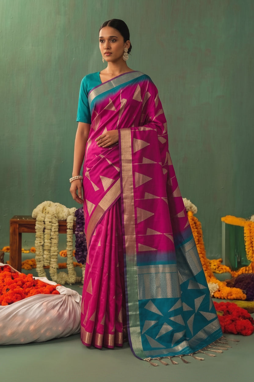 Opulent Radiance: Silk Blend Zari Saree with Contrast Border & Designer Pallu