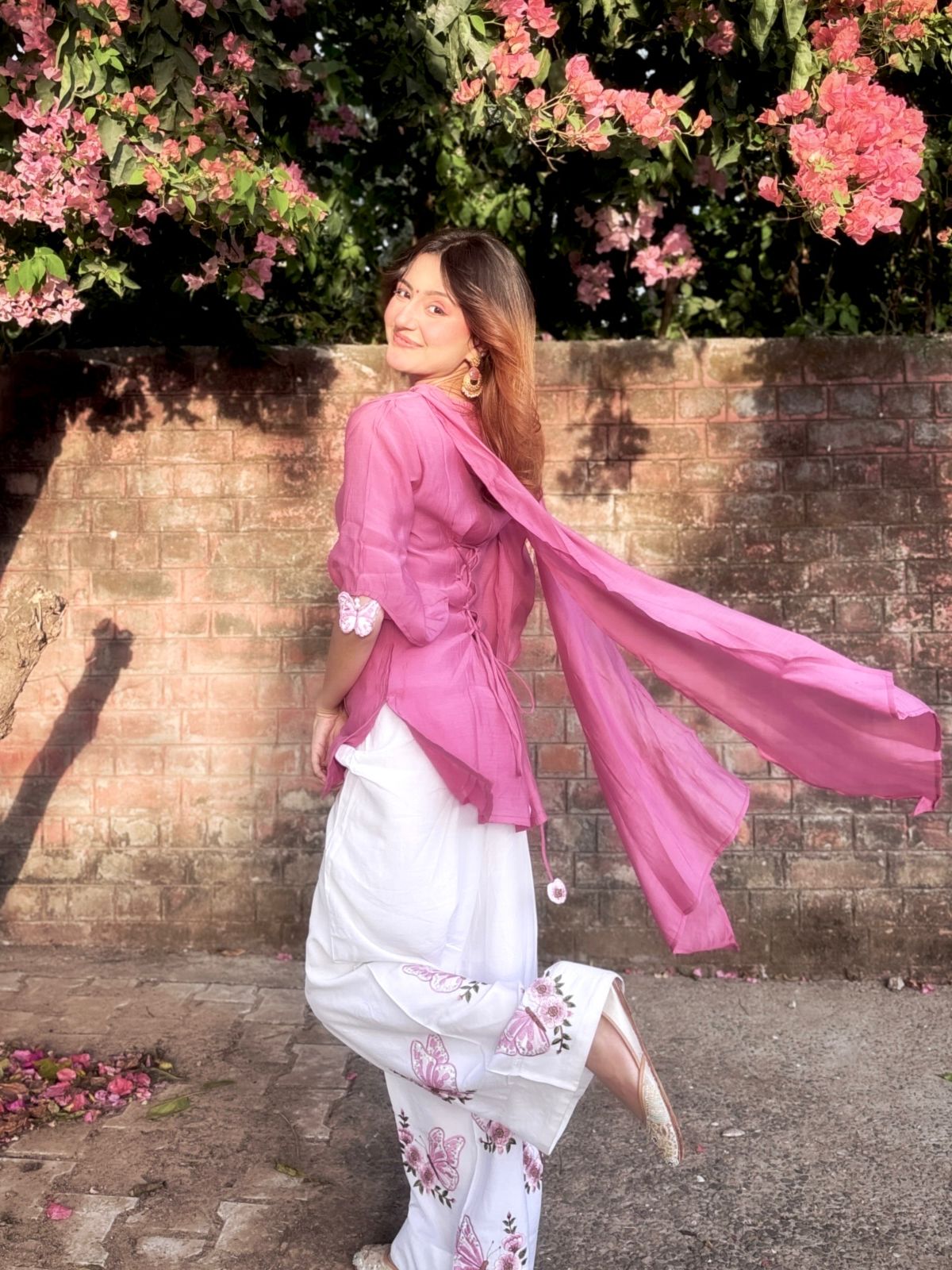 Elegant Dusty Rose Pure Roman Silk Short Kurti Set with Embroidered Palazzo