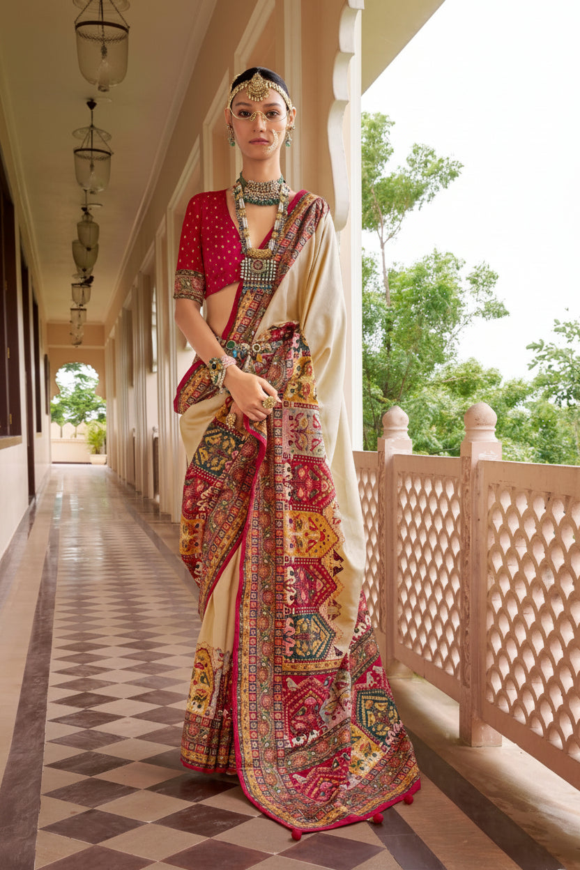 Mercerized Sigma Silk Saree | Classic Position Print in Tussar Color