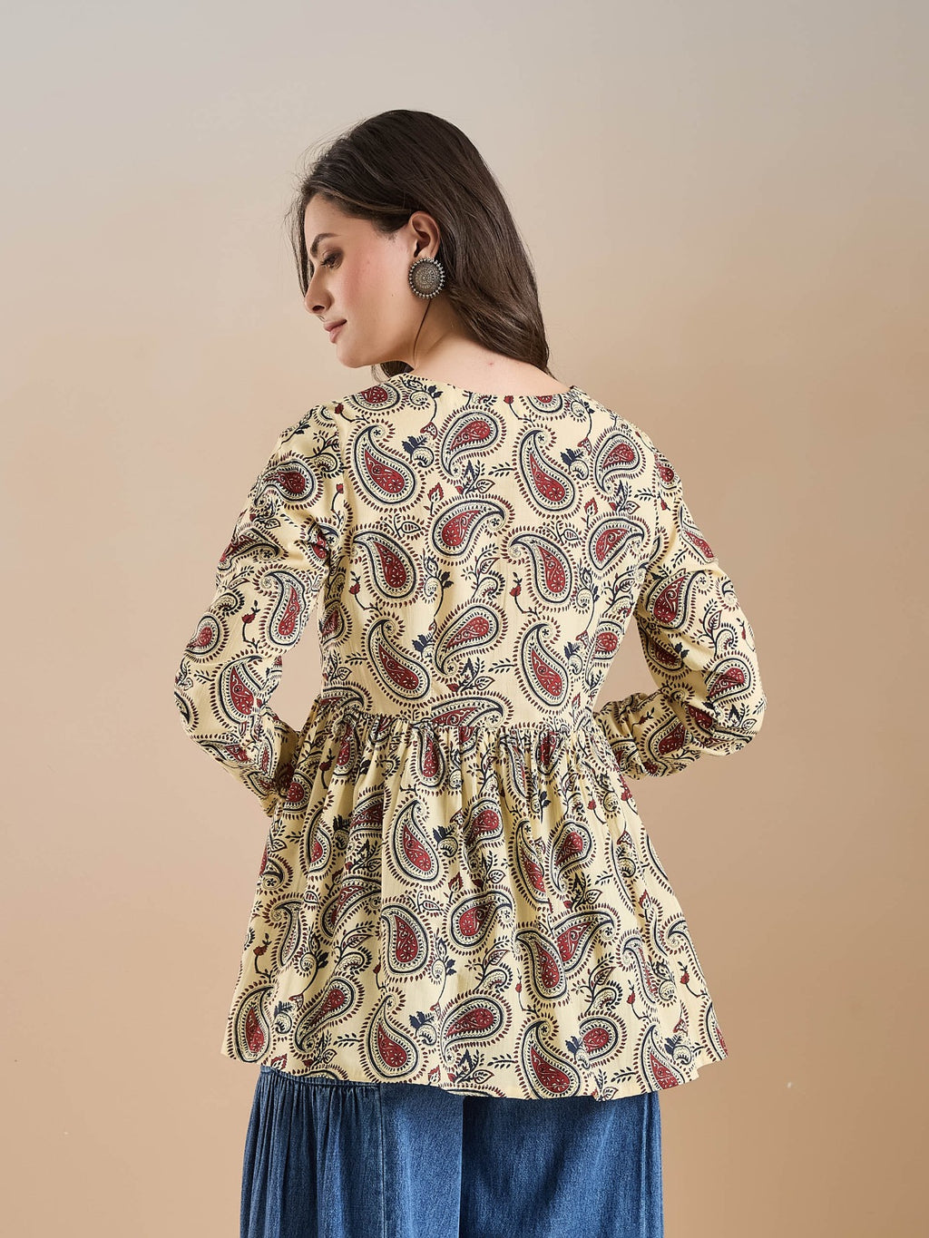 Paisley Print Pure Cotton Peplum Fit Cream Top