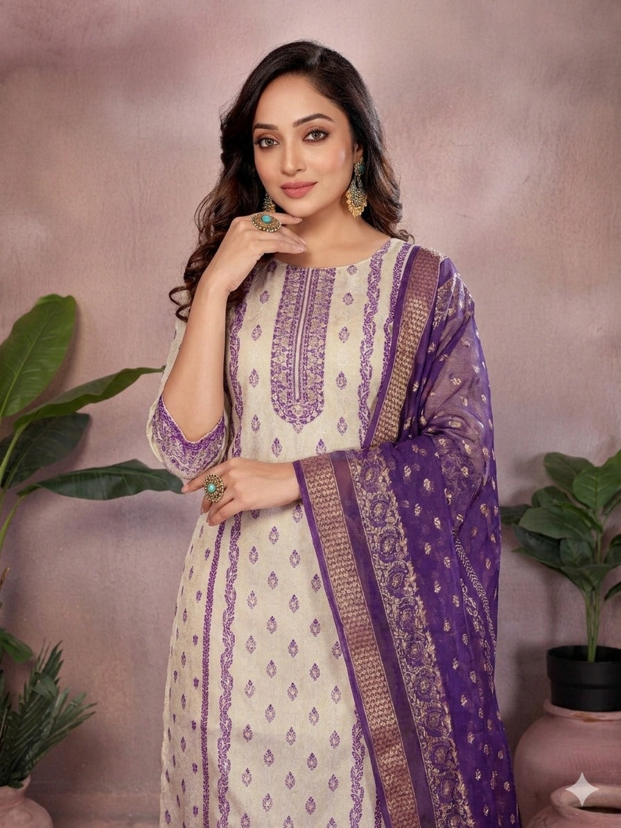 Jacquard Simmar Handwork Kurta with Dyeable Chanderi Pants & Printed Organza Dupatta