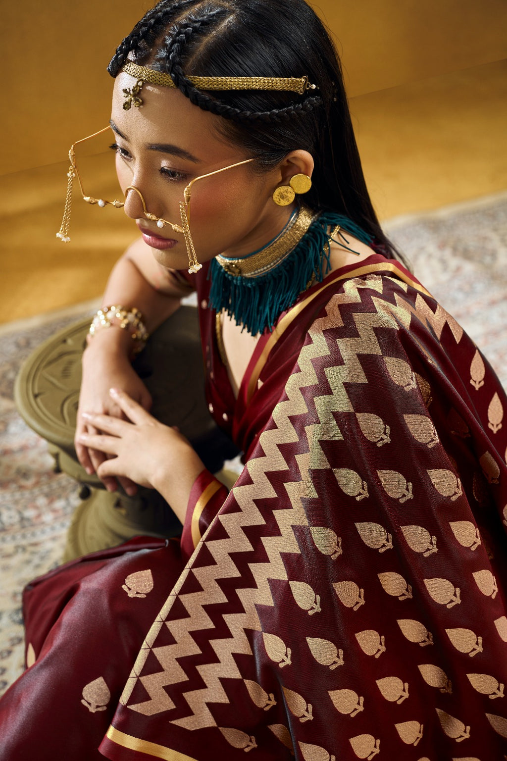 Premium Handloom Satin Silk Saree with Zari Motifs & Chevron Pallu