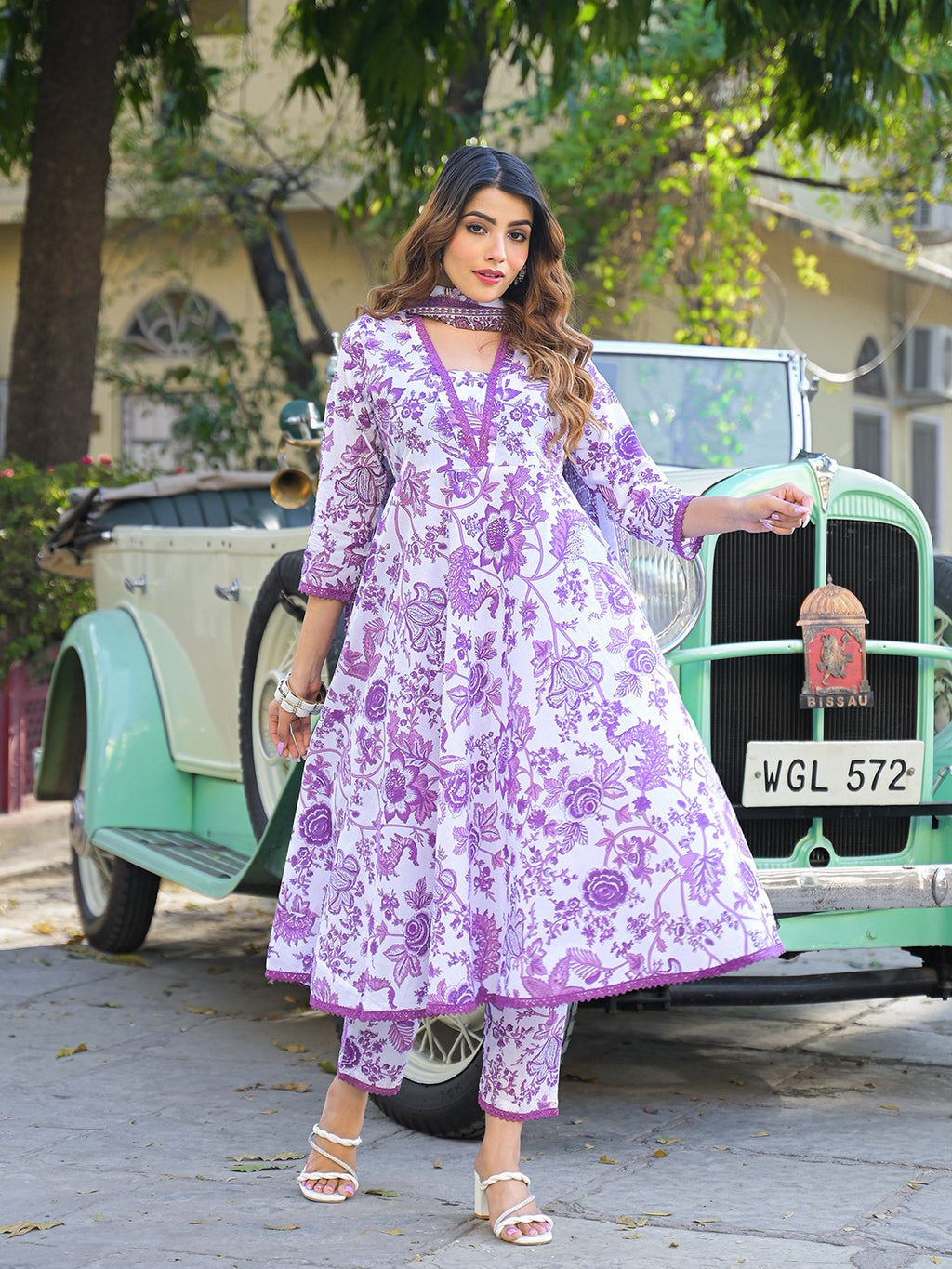Floral Printed Anarkali Kurta with Trousers & Dupatta