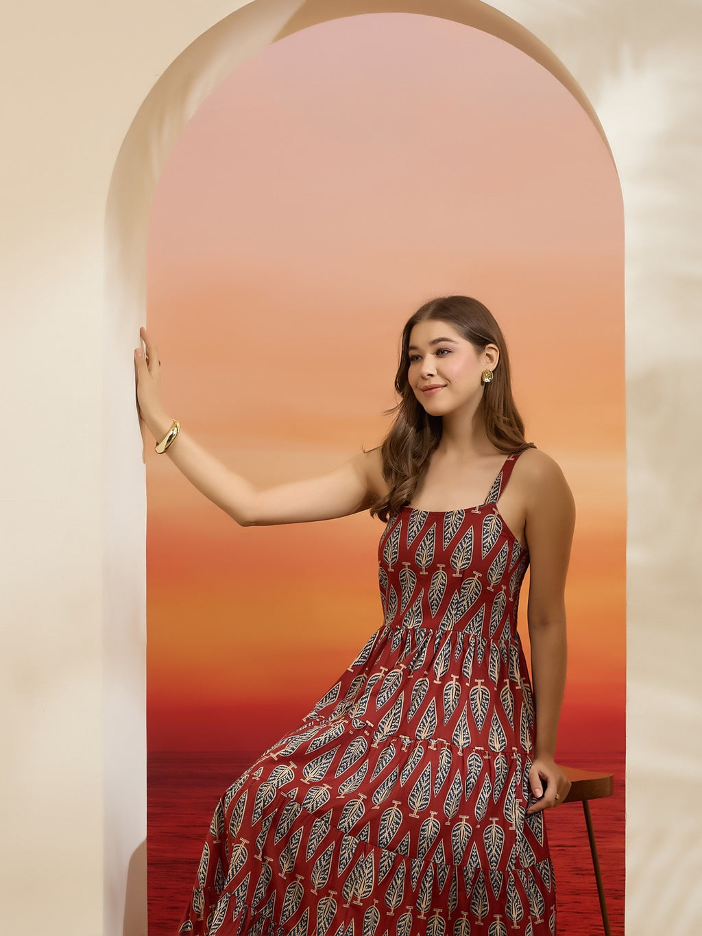 Maroon Leaf-Print Cotton Fit & Flare Dress with Pom-Pom Lace