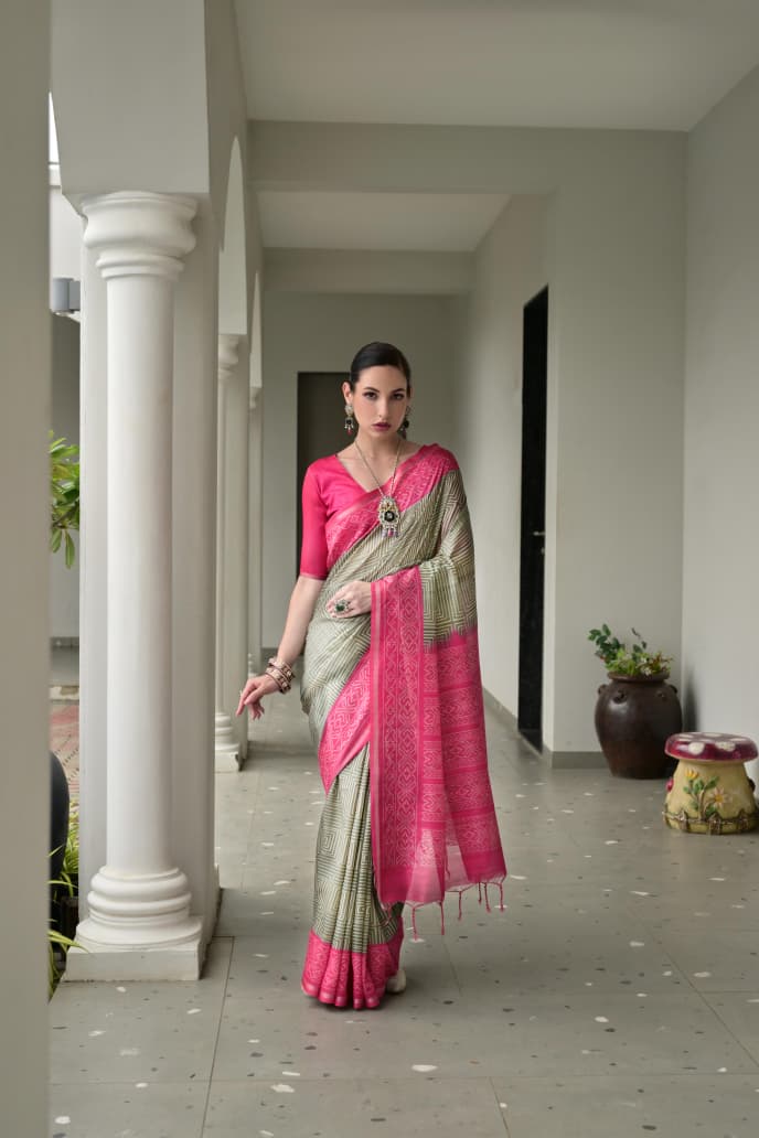 Soft Desi Tussar Silk Saree with Traditional Ikkat Pallu & Tassels