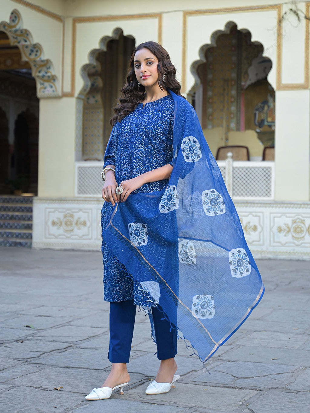 Elegant Blue Sequined Cotton Kurta Set with Kota Doria Dupatta