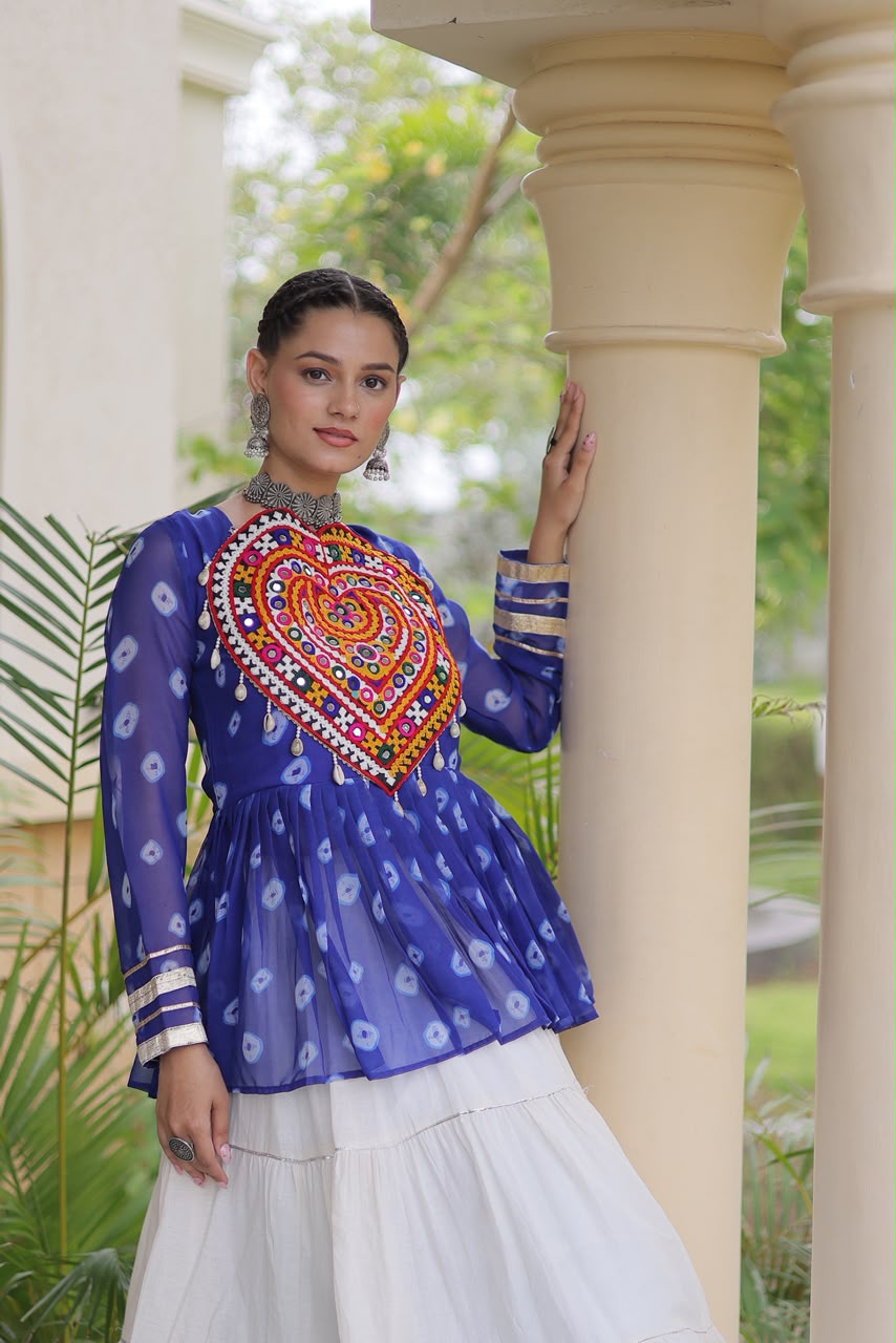Kutchi Gamthi Patchwork Bandhani Top with Tiered Kora Cotton Lehenga
