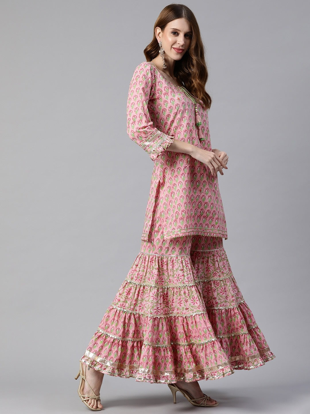 Pink Floral Hand Block Printed Kurta Sharara Set with Dupatta