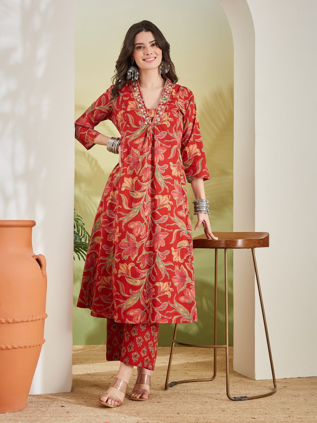 Women Floral Printed Pure Cotton A-line Red Anarkali Kurta With Pants