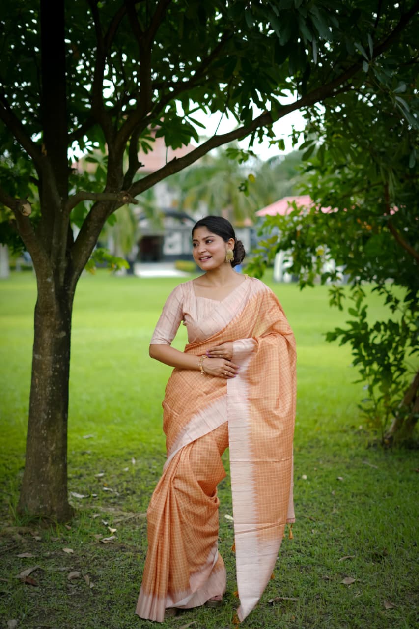 Soft Tussar Silk Saree with Kantha Weave Contrast Border & Check Print
