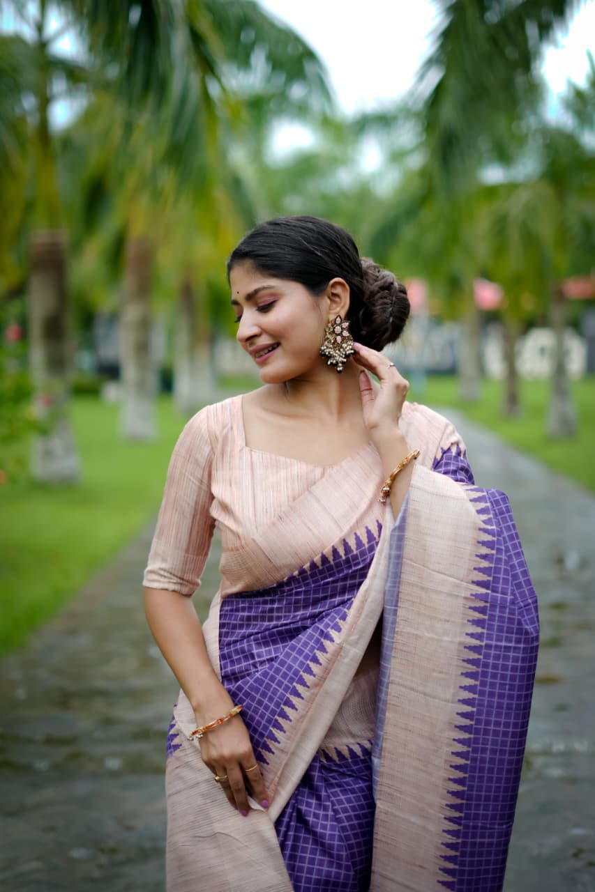 Soft Tussar Silk Saree with Kantha Weave Contrast Border & Check Print