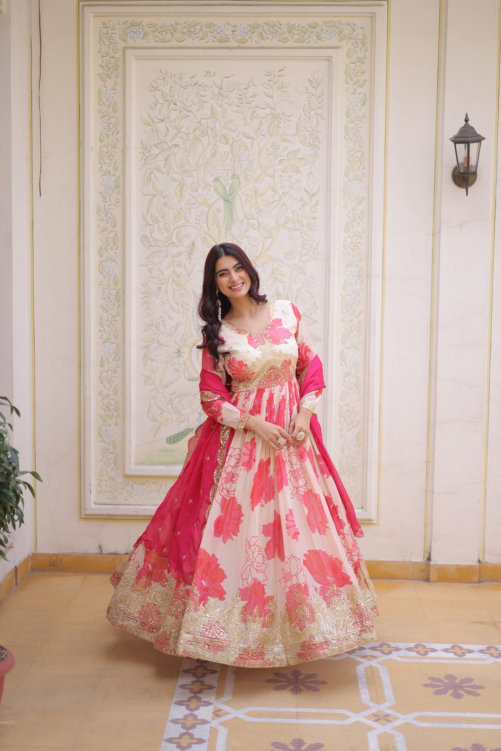 Shop Floral Russian Silk Embroidered Gown & Dupatta Set