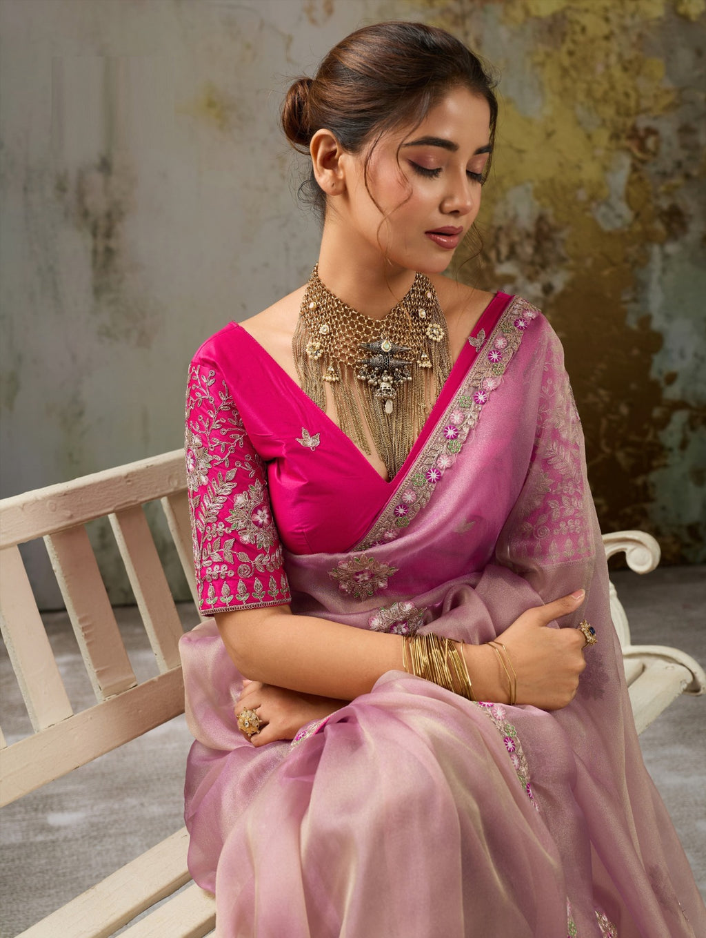 Metallic Tissue Saree with Pita Zari & Antique Sleeve-Embroidered Satin Blouse