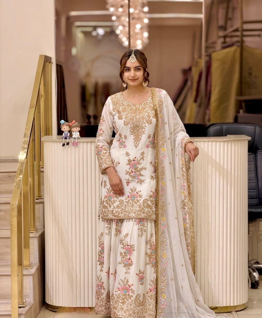 Regal Radiance: Designer Heavy Faux Georgette Top & Palazzo Set with 3mm Sequin Embroidery and Latkan Border