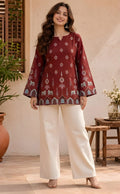 Effortless Elegance: Maroon Cotton Kalamkari Bell-Sleeve Tunic