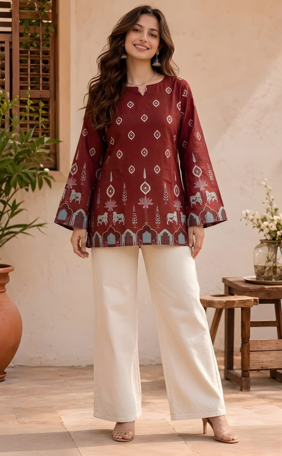 Effortless Elegance: Maroon Cotton Kalamkari Bell-Sleeve Tunic