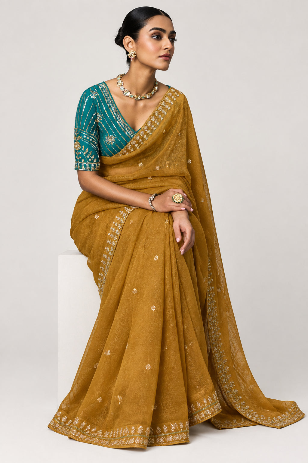 Embellished Sheer Silk Saree with Heavy Contrast Work Blouse