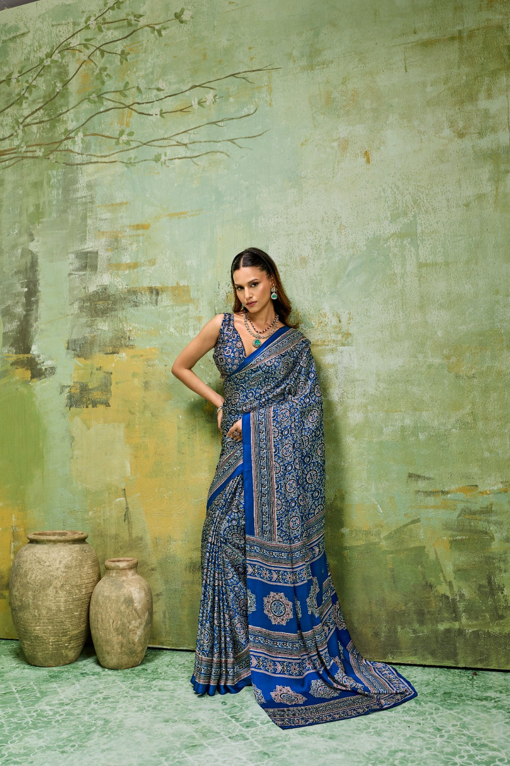 Premium Modal Satin Ajrakh Printed Saree with Matching Blouse