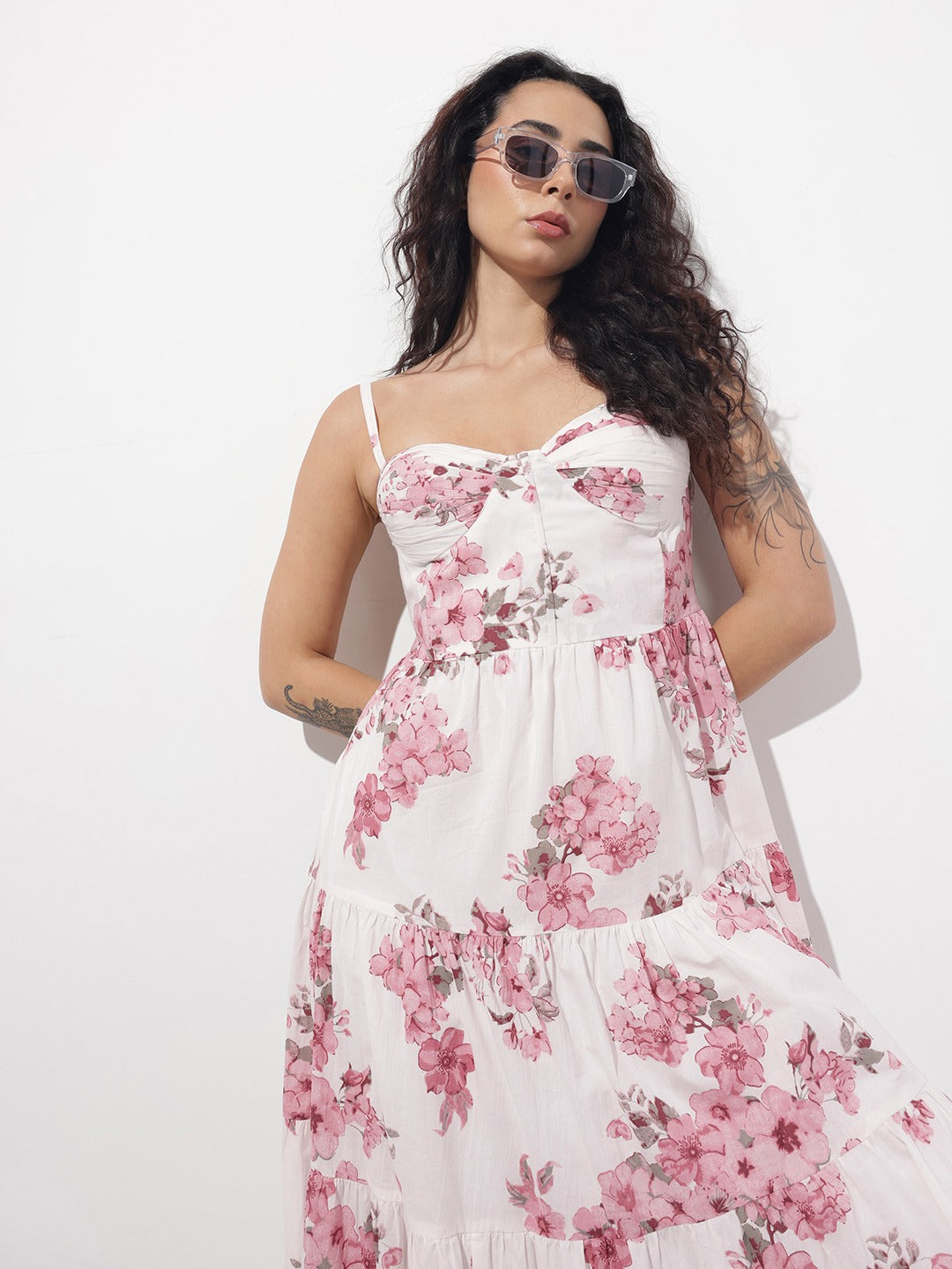 Pink & White Floral Cotton Fit & Flare Long Dress