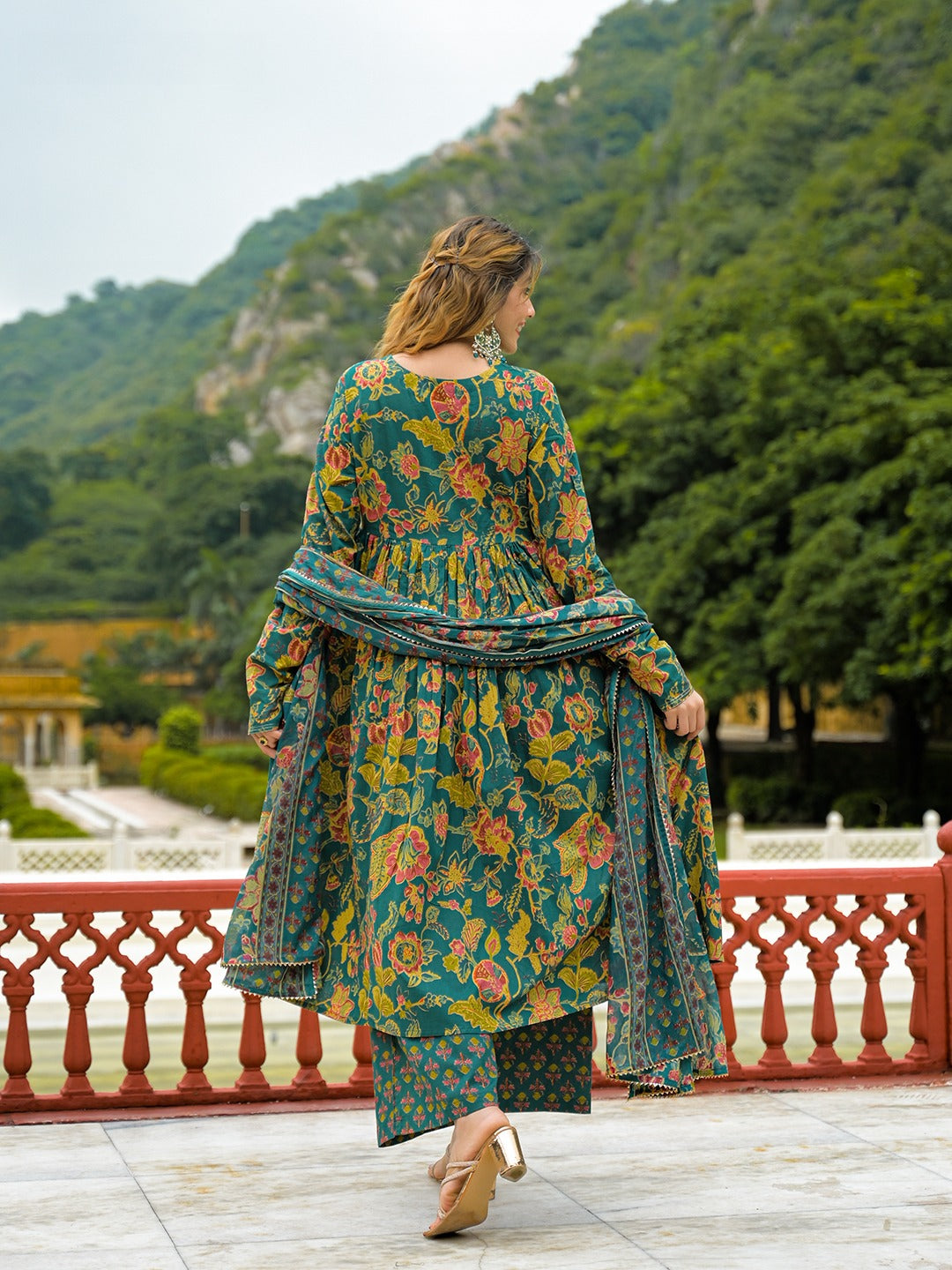 Dark Green V-Neck Pure Cotton Anarkali Kurta Set
