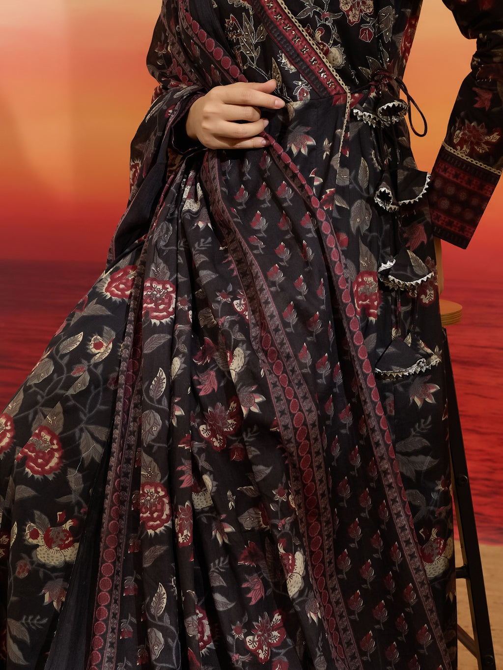 Elegant Black Floral Cotton Anarkali Set with Latkans & Dupatta