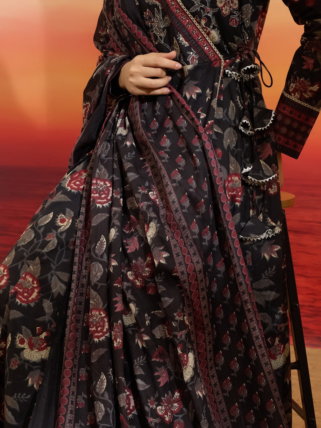Elegant Black Floral Cotton Anarkali Set with Latkans & Dupatta