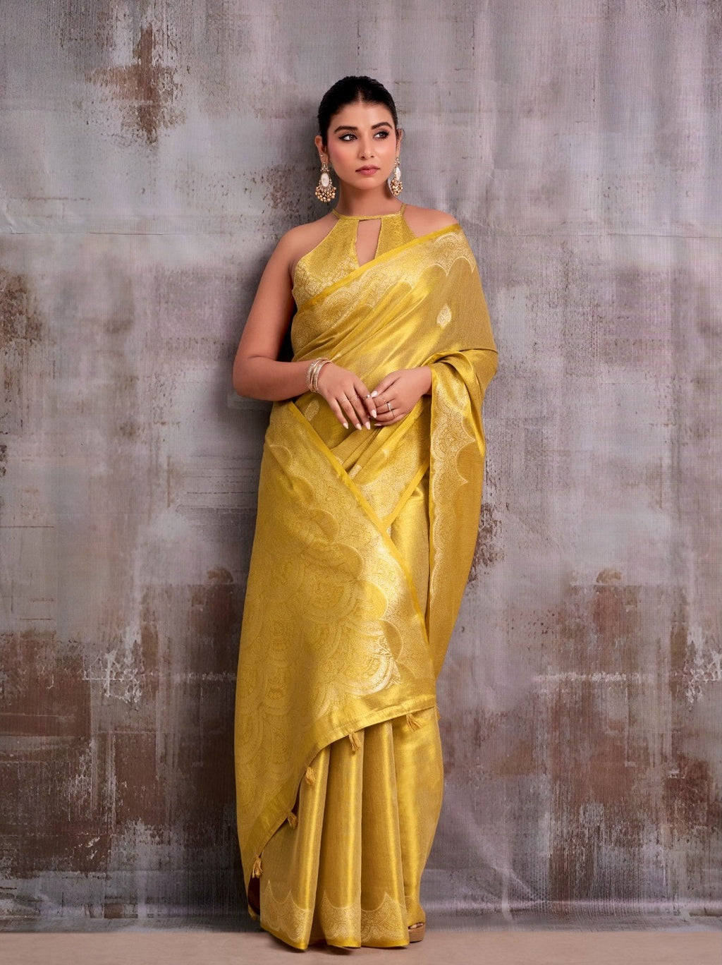 Luminous Grace: Designer Tissue Silk Saree with Matching Blouse Piece