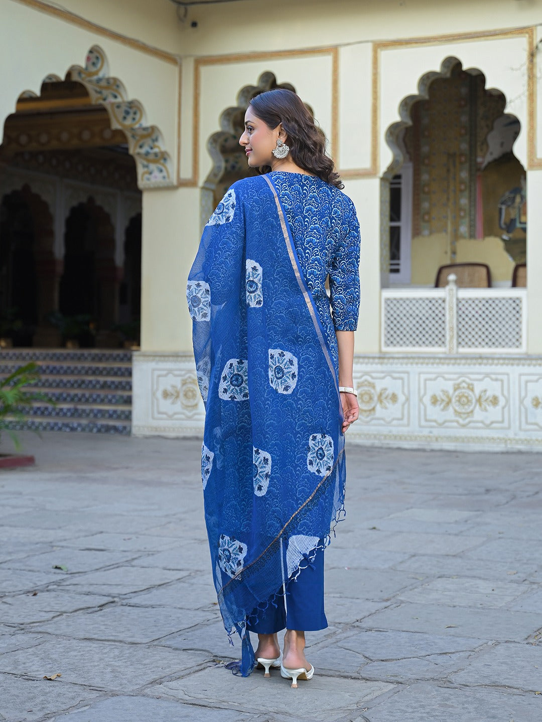 Elegant Blue Sequined Cotton Kurta Set with Kota Doria Dupatta